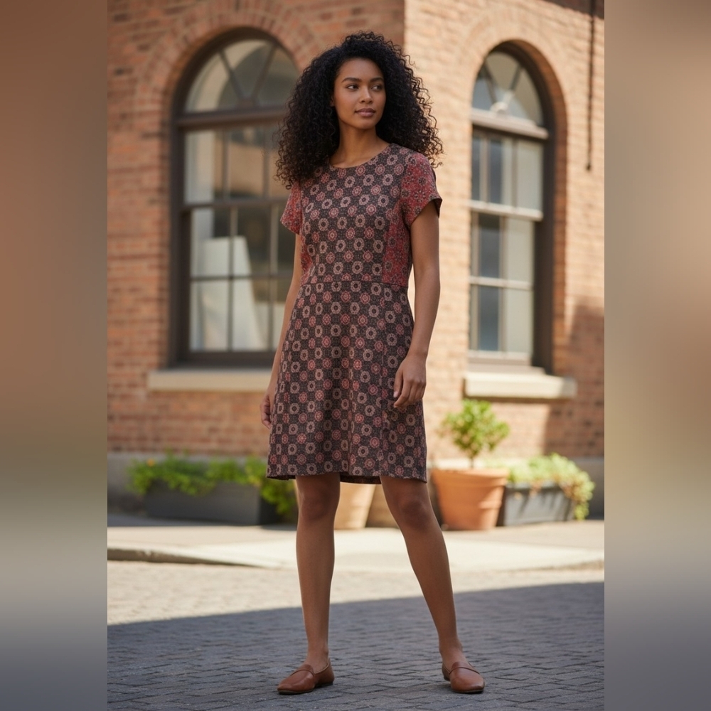 Hobbs London Vintage Fit & Flare Dress – Size 8 – Coral & Grey Print